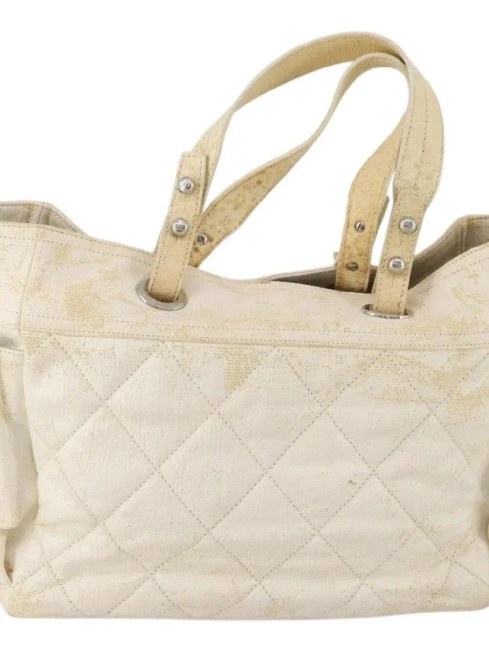 CHANEL Paris Biarritz GM Hand Bag Canvas White Silver CC Auth 185503